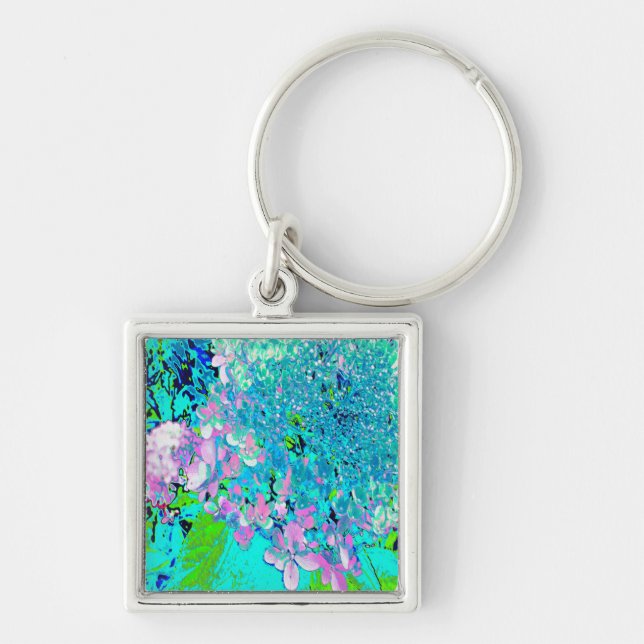 Elegant Pink and Blue Limelight Hydrangea Key Ring (Front)