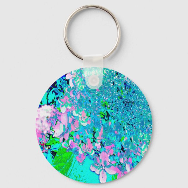 Elegant Pink and Blue Limelight Hydrangea Macro Key Ring (Front)