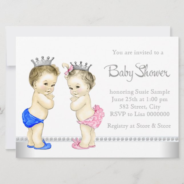Elegant Pink and Blue Twin Baby Shower Invitation (Front)