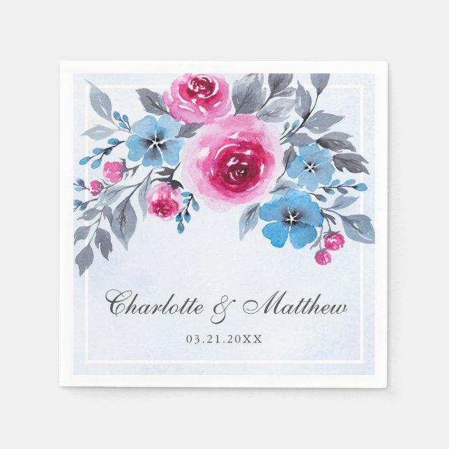 Elegant Pink And Blue Watercolor Floral Wedding Napkin (Front)