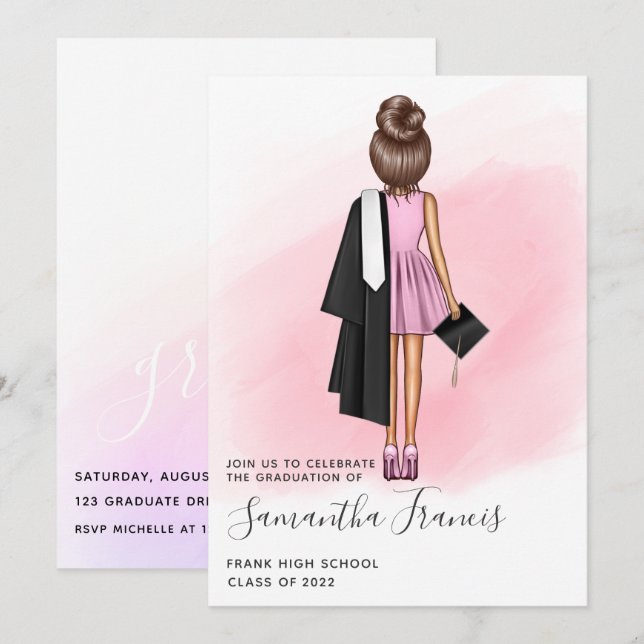 Elegant Pink and Brown Girl Graduation Party Invit Invitation (Front/Back)
