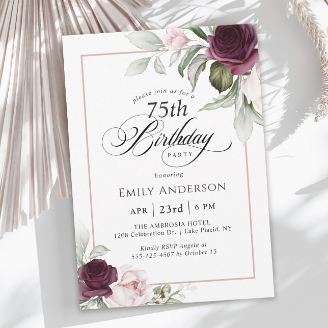 Elegant Pink and Burgundy Floral 75th Birthday Invitation (Available in both printed and instant download digital formats.)