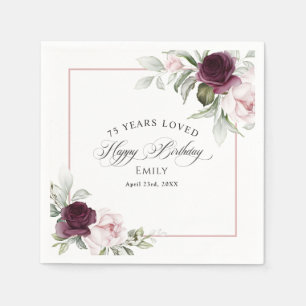 Elegant Pink and Burgundy Floral 75th Birthday Napkin