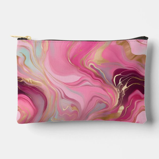 Elegant Pink and Faux Gold Marbled Accessory Pouch (Front)