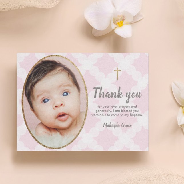 Elegant Pink and Gold baby girl photo baptism Postcard (Baby photo Baptism thank you pink and white gold cross postcard.)