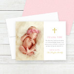 Elegant Pink and Gold Baby Girl Photo Baptism Thank You Card<br><div class="desc">This elegant baby girl baptism thank you card design features a baby photo with stylish pink,  gold,  and grey text that can be fully personalised,  accented by a gold cross. A light pink background with white Swiss dots pattern dresses up the back of the card.</div>
