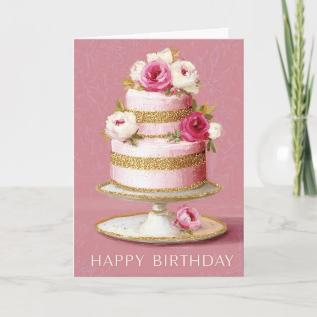 Elegant Pink And Gold Floral Birthday Cake Card (Front)