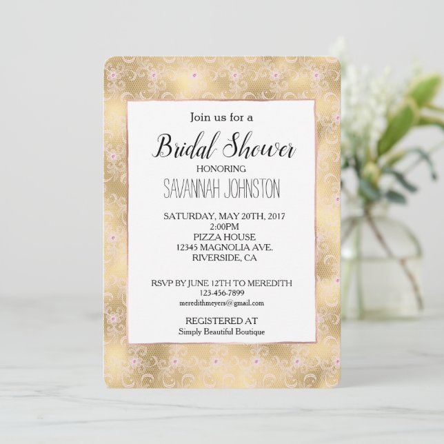 Elegant Pink and Gold Floral Lace Bridal Shower Invitation (Standing Front)