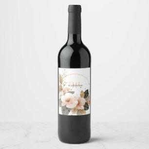 Elegant Pink and Gold Floral Wreath, Custom Name Wine Label