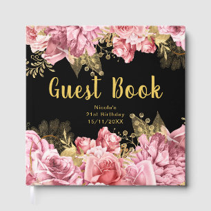 Elegant Pink and Gold Flowers Birthday Party Guest Book