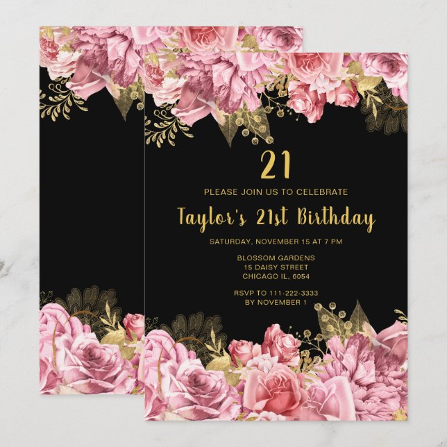 Elegant Pink and Gold Flowers Birthday Party Invitation (Front/Back)