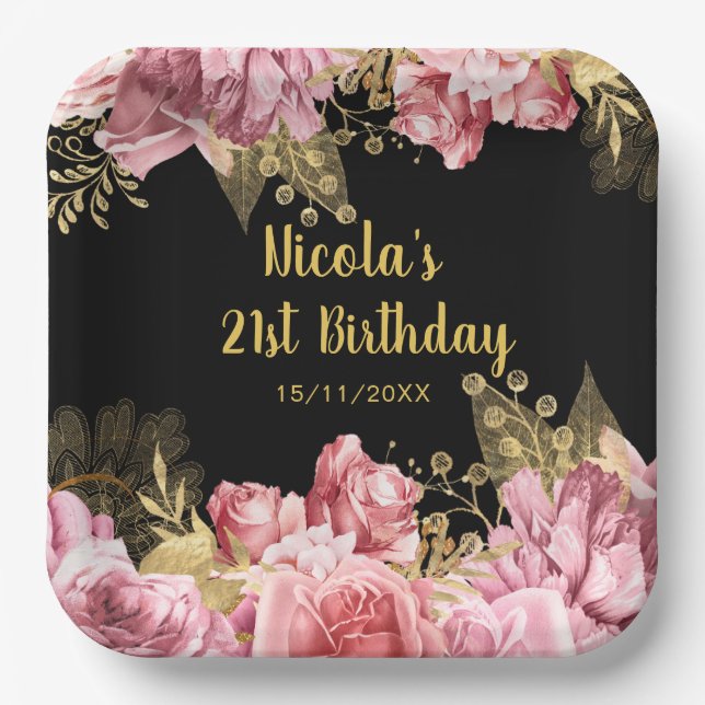 Elegant Pink and Gold Flowers Birthday Party Paper Plate (Front)