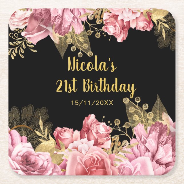 Elegant Pink and Gold Flowers Birthday Party  Square Paper Coaster (Front)