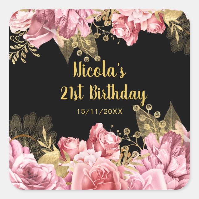 Elegant Pink and Gold Flowers Birthday Party Square Sticker (Front)
