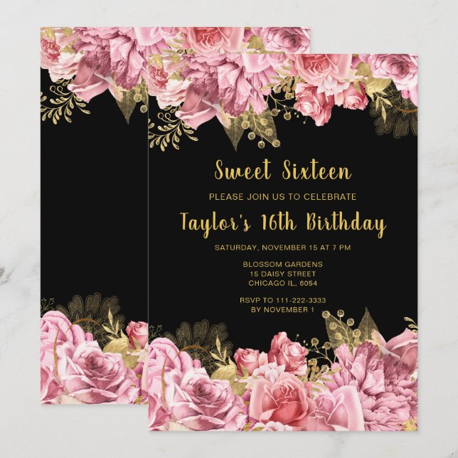 Elegant Pink and Gold Flowers Sweet Sixteen Invitation (Front/Back)