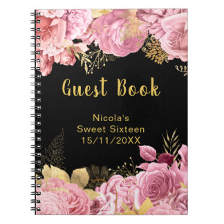 Elegant Pink and Gold Flowers Sweet Sixteen Notebook