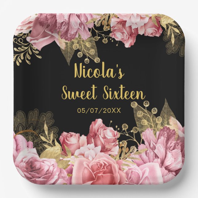 Elegant Pink and Gold Flowers Sweet Sixteen  Paper Plate (Front)