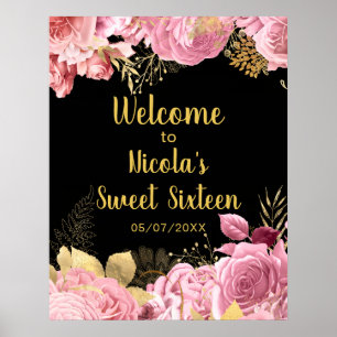 Elegant Pink and Gold Flowers Sweet Sixteen Poster