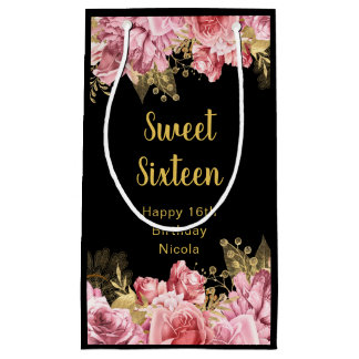 Elegant Pink and Gold Flowers Sweet Sixteen  Small Gift Bag