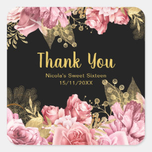 Elegant Pink and Gold Flowers Sweet Sixteen  Square Sticker