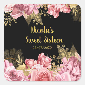Elegant Pink and Gold Flowers Sweet Sixteen  Square Sticker