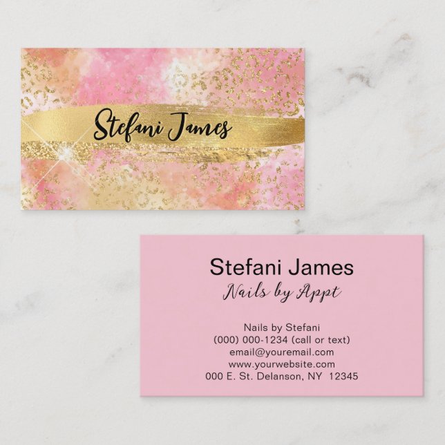 Elegant Pink and Gold Foil Leopard Brush Stroke Business Card (Front/Back)