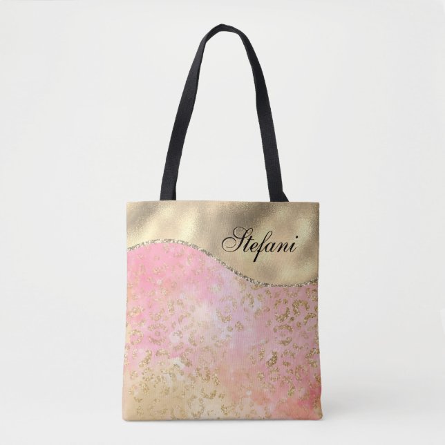 Elegant Pink and Gold Foil Leopard Personised Tote Bag (Front)
