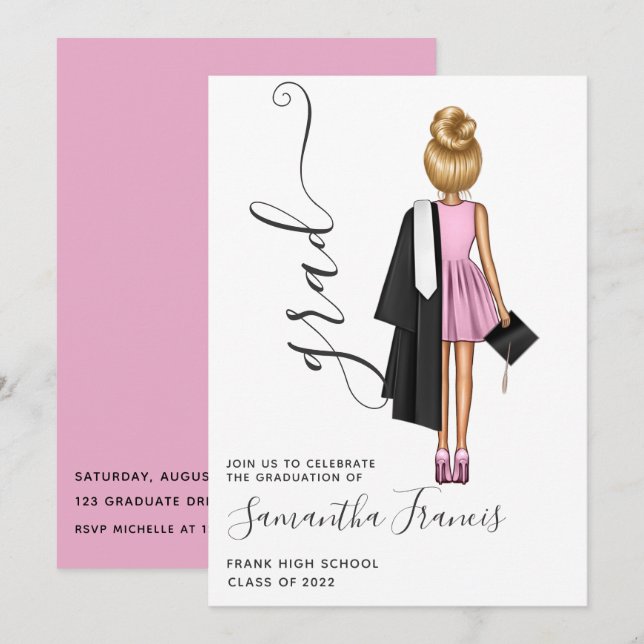 Elegant Pink and Gold Girl Graduation Party Invitation (Front/Back)