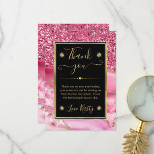 Elegant Pink and Gold Glitter Agate Sweet 16 Thank You Card