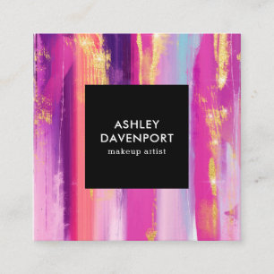 Elegant pink and gold glitter brushstrokes makeup square business card