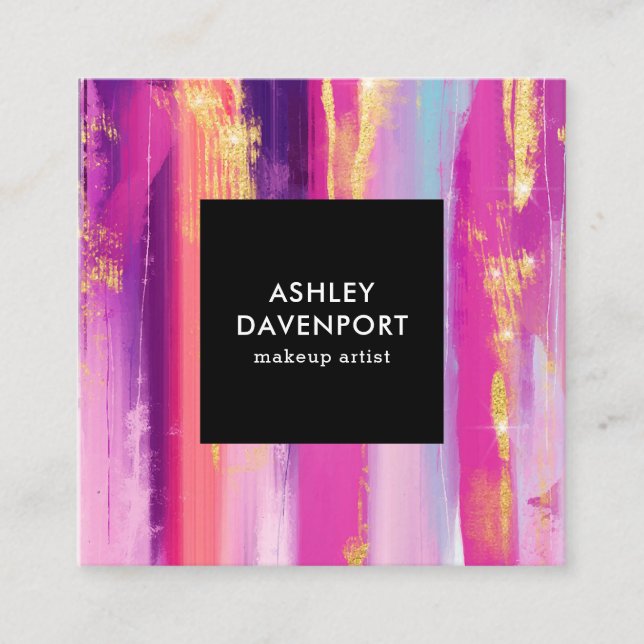 Elegant pink and gold glitter brushstrokes makeup square business card (Front)