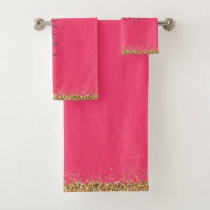 Elegant Pink and Gold Glitter Girly Bath Towel Set