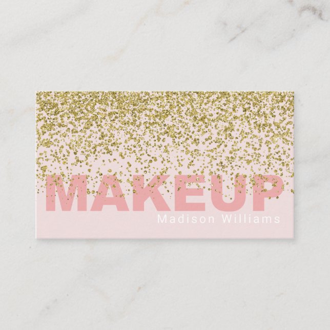 Elegant Pink and Gold Glitter Makeup Business Card (Front)