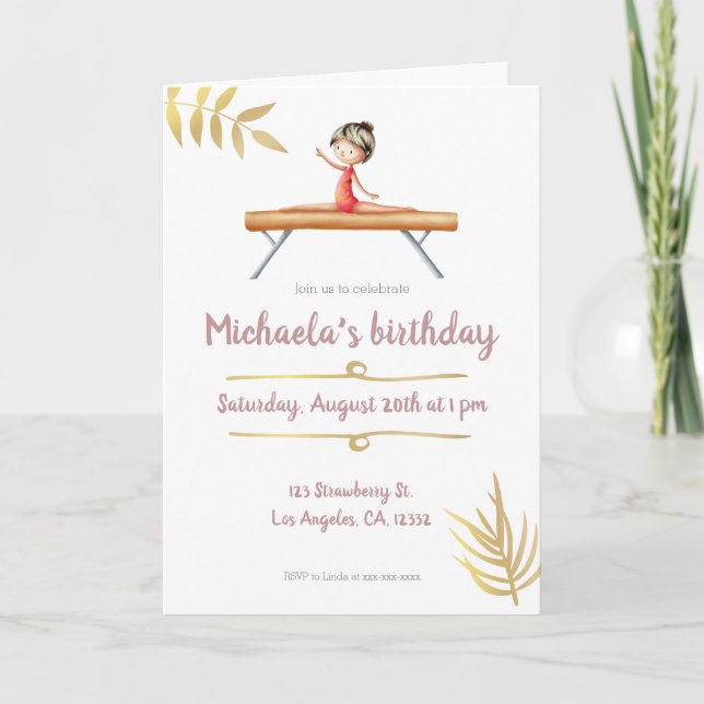 Elegant pink and gold gymnastics girl on beam invitation (Front)