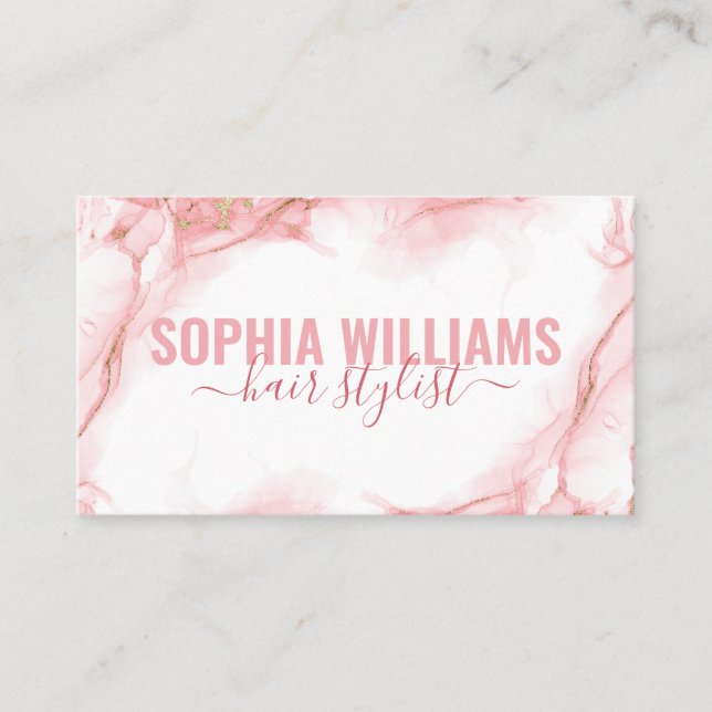  Elegant Pink and Gold Modern Liquid Watercolor Business Card (Front)