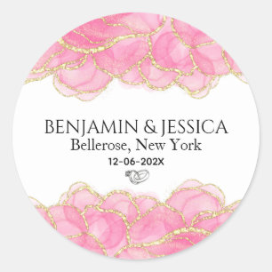 Elegant Pink and Gold Modern Wedding Classic Round Sticker