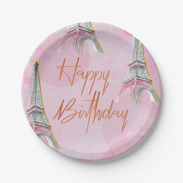 Elegant Pink and Gold Paris Themed Birthday Party Paper Plate (Front)