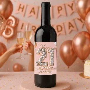 Elegant Pink and Gold Pearly 21st Birthday Wine Label