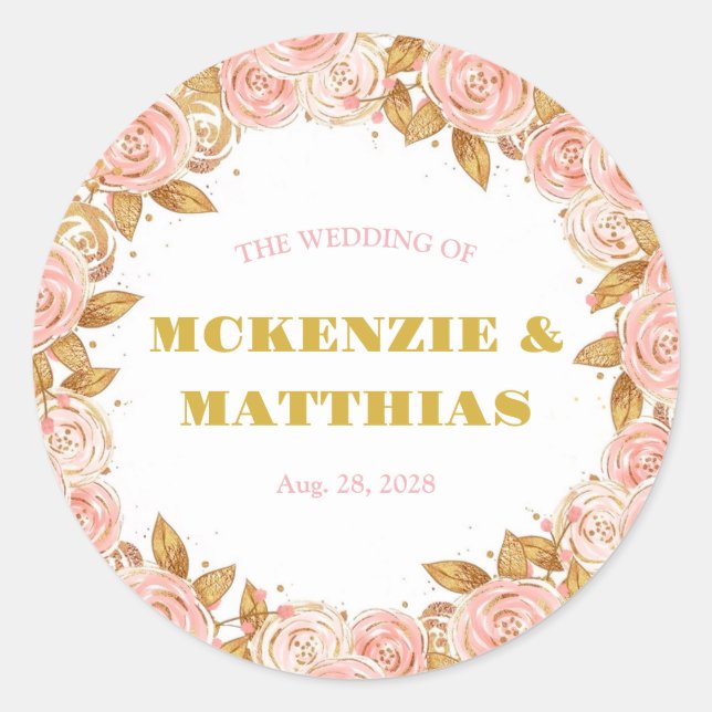 Elegant Pink and Gold Peony Floral Wedding Classic Round Sticker (Front)