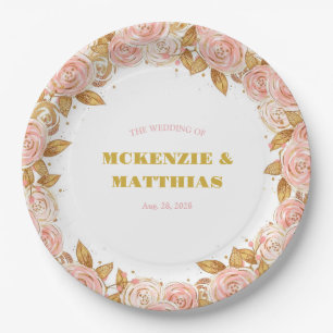 Elegant Pink and Gold Peony Floral Wedding Paper Plate