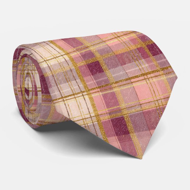 Elegant Pink and Gold Plaid Gingham Pattern Tie (Rolled)