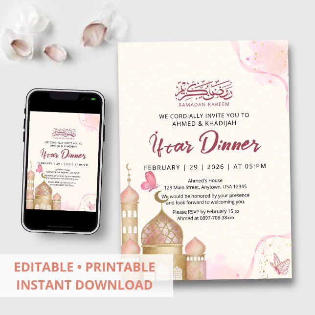 Elegant Pink and Gold Ramadan Iftar Dinner Invitation (Creator Uploaded)