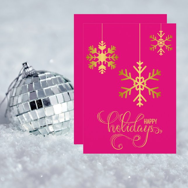 Elegant Pink and Gold Snowflakes Flat Holiday Card (Creator Uploaded)