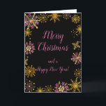 Elegant Pink and Gold Snowflakes Merry Christmas Holiday Card<br><div class="desc">A beautiful Christmas card design featuring elegant pink and gold snowflakes on a black background. Inside there is a space for a message. A perfect way to greet your friends and relatives in this festive season. The page background colours and the text can be changed to suit your own requirements....</div>