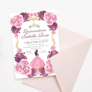 Elegant Pink and Gold Spanish Quinceanera XV Años Invitation
