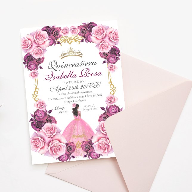 Elegant Pink and Gold Spanish Quinceanera XV Años Invitation (Creator Uploaded)