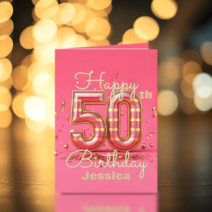 Elegant Pink and Gold Stripes 50th Birthday Card