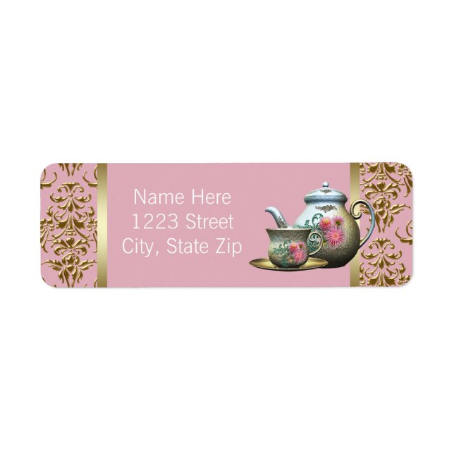 Elegant Pink and Gold Teapot Address Labels (Front)