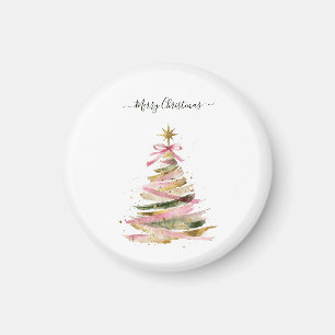 Elegant Pink and Gold Watercolor Christmas Tree Magnet