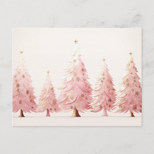 Elegant pink and golden Christmas trees Postcard (Front)